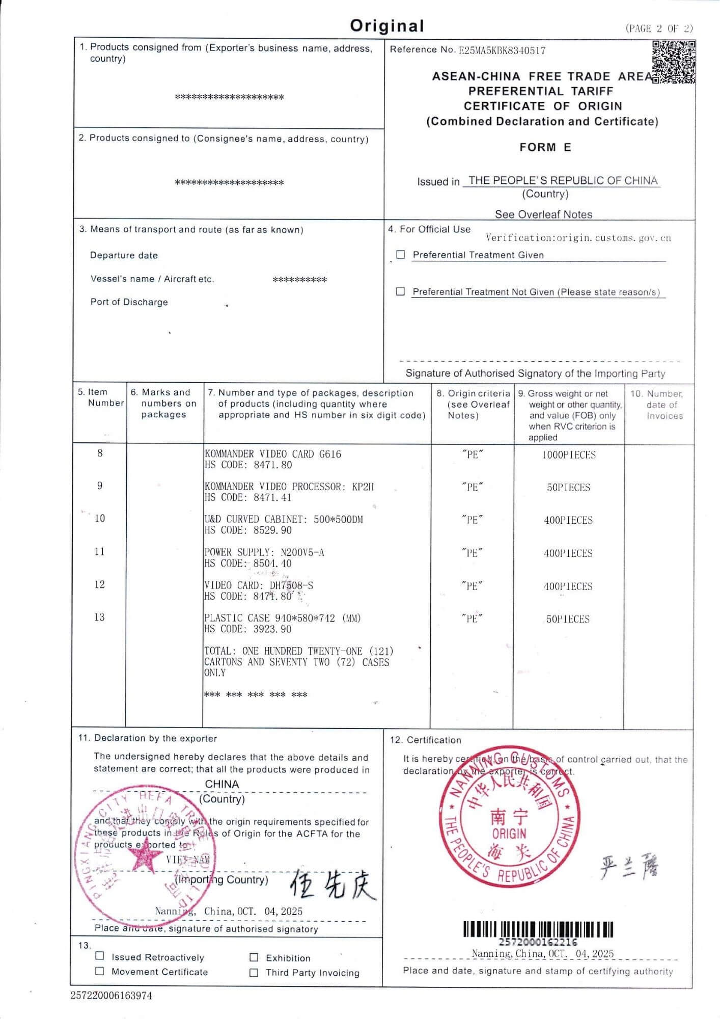 Trang 2 CO Form E: Chi tiết danh sách Card phát, Card thu và Cabinet LED nhập khẩu trong cùng lô hàng